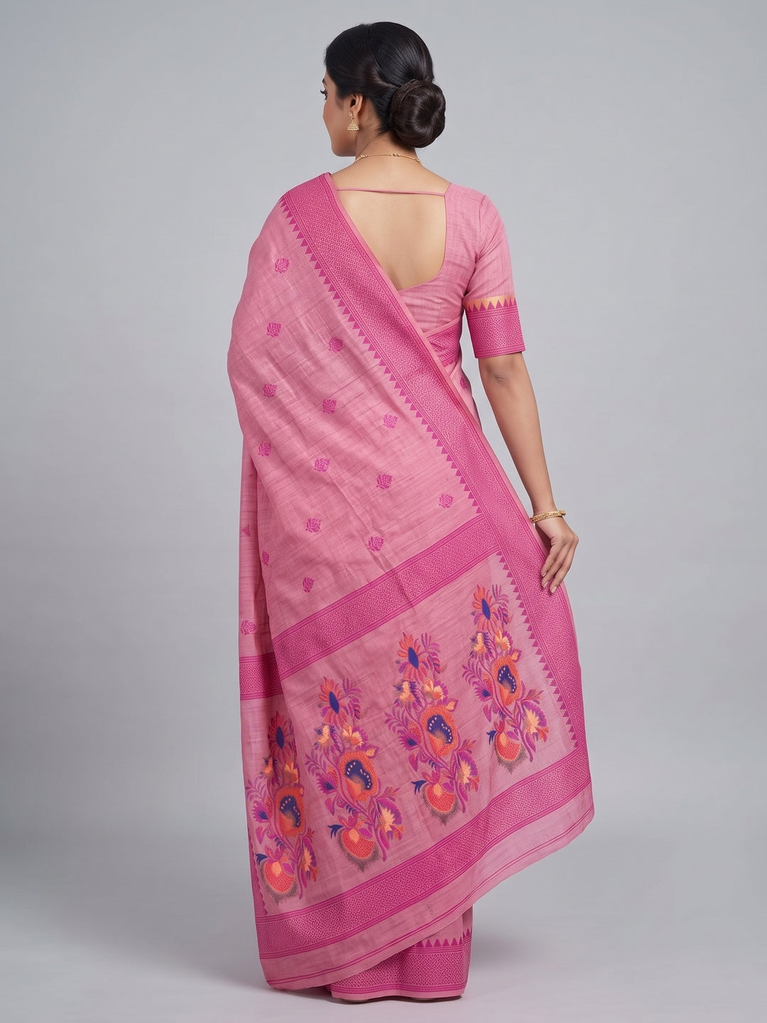 Peachmode Pink Jamdani Cotton Woven Saree - Image 5