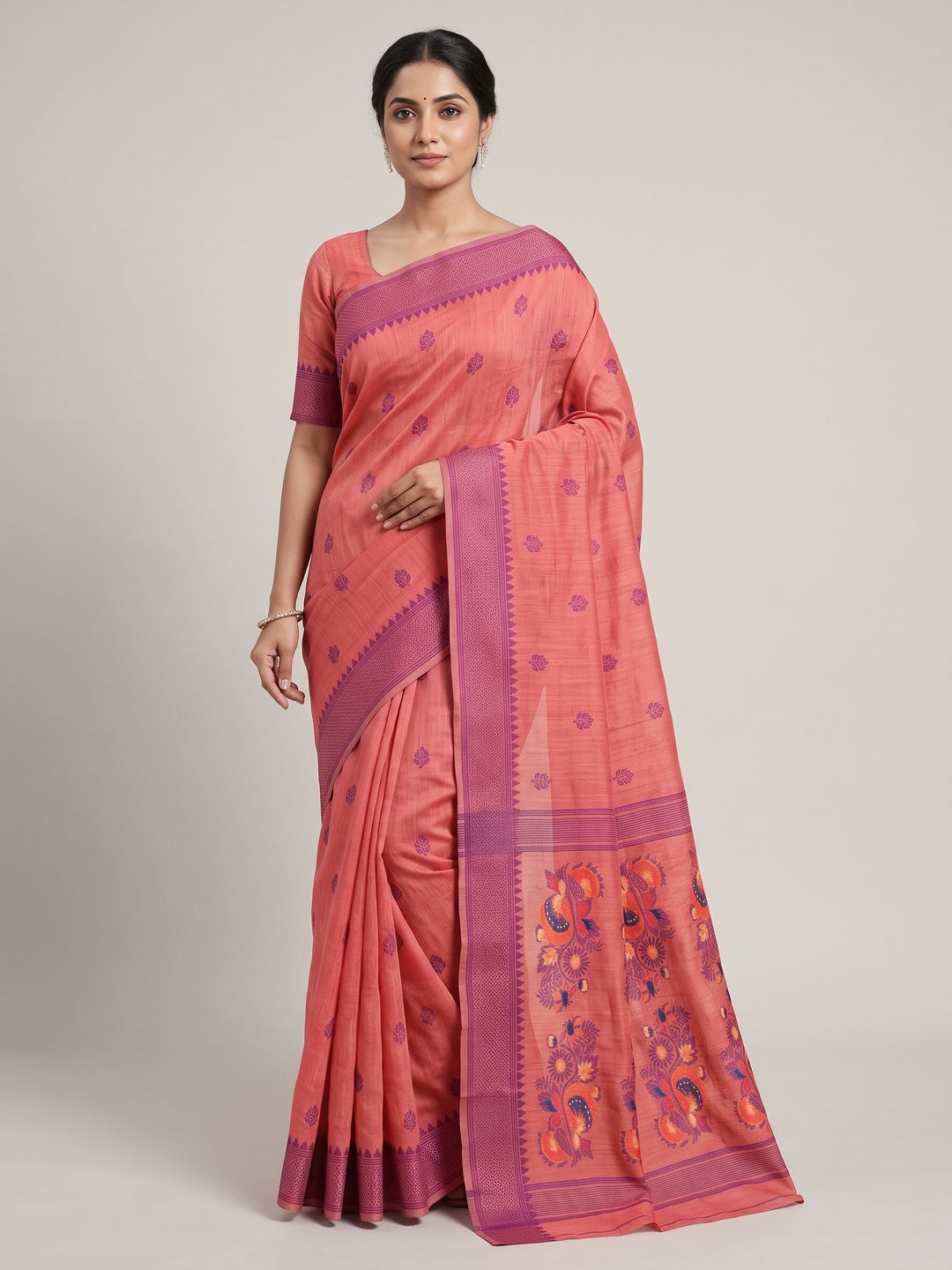 Peachmode Coral Jamdani Cotton Woven Saree - Image 1