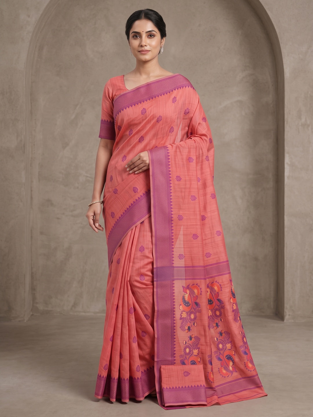 Peachmode Coral Jamdani Cotton Woven Saree - Image 2