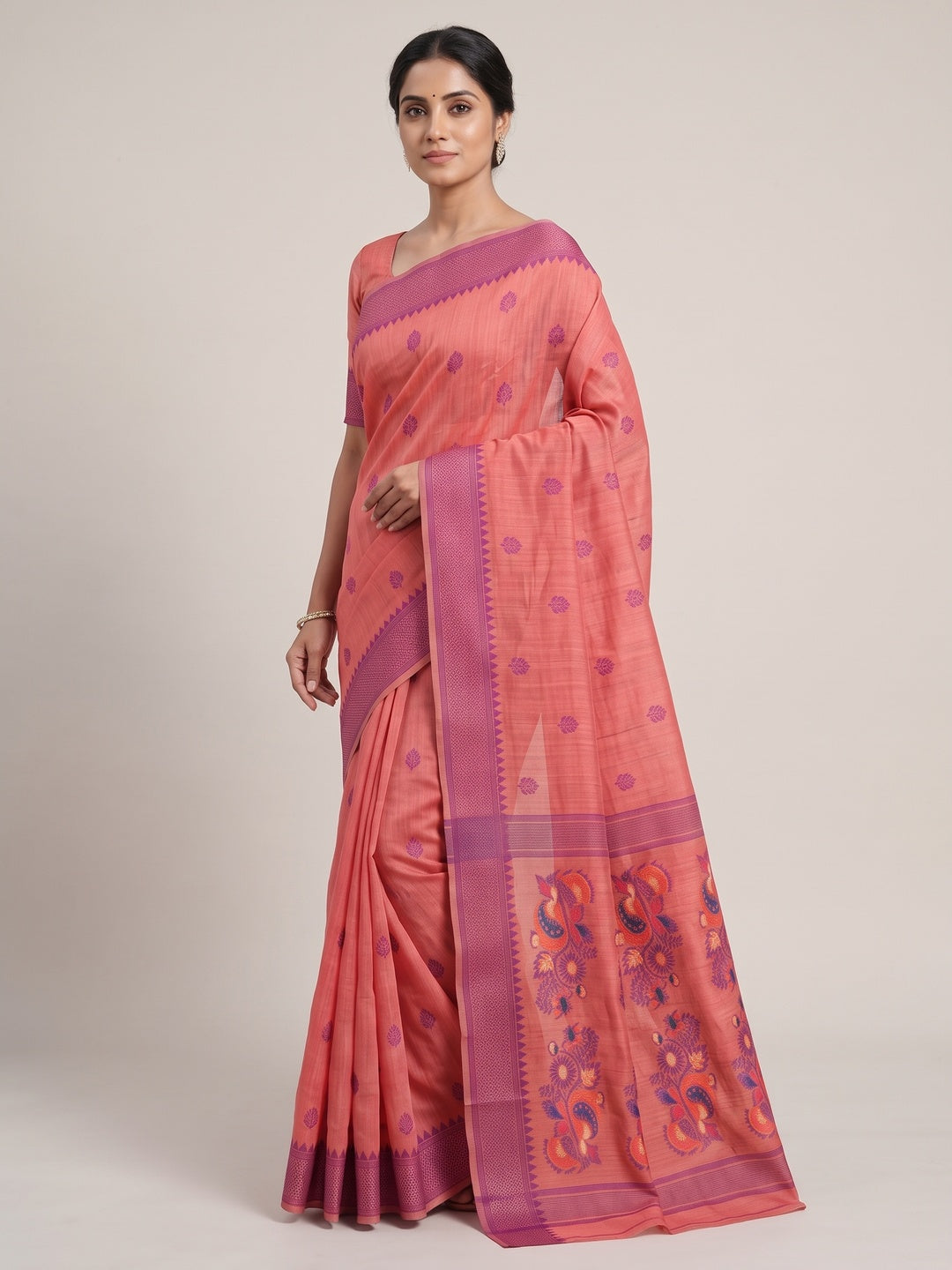 Peachmode Coral Jamdani Cotton Woven Saree - Image 4