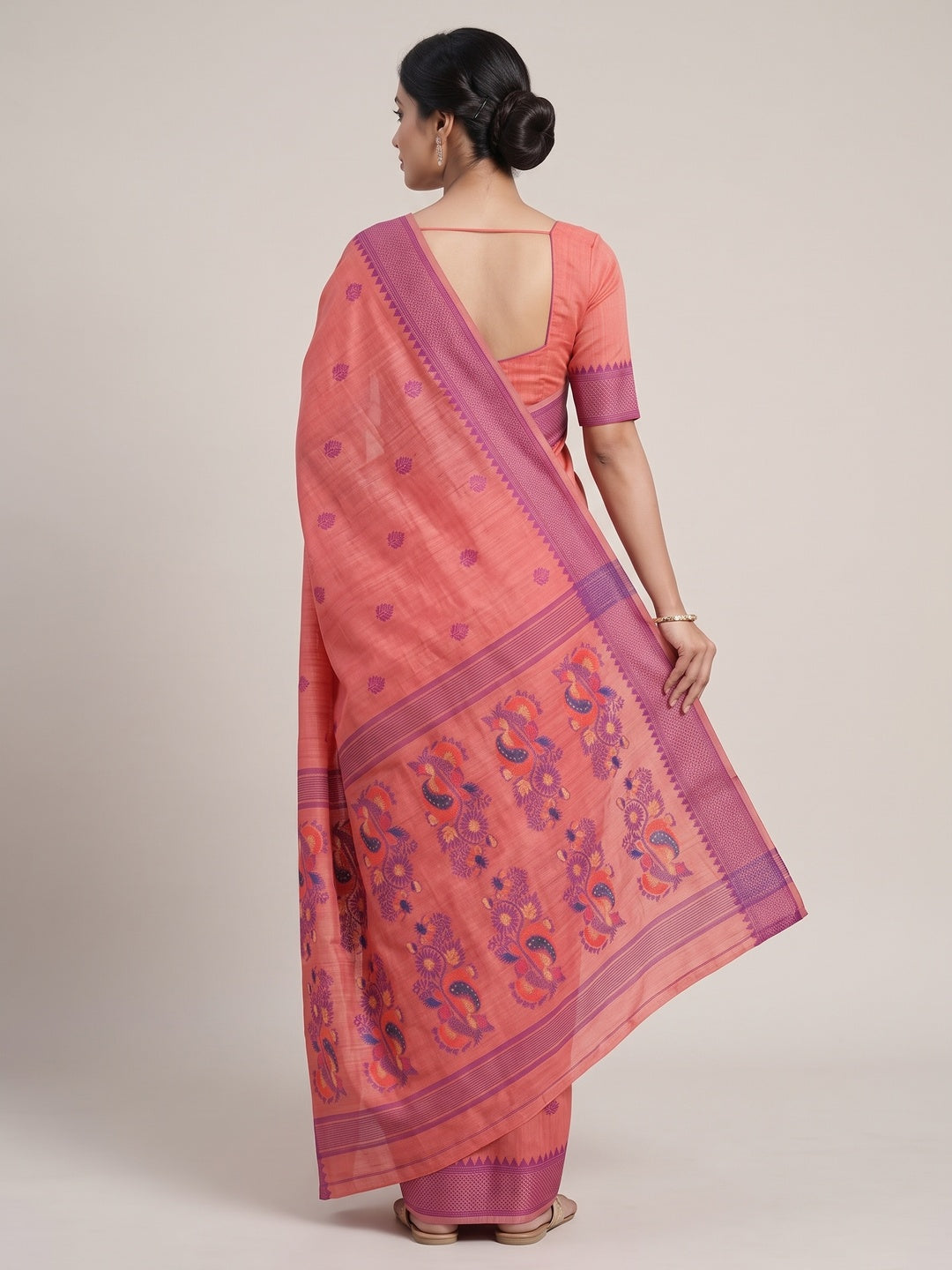 Peachmode Coral Jamdani Cotton Woven Saree - Image 5
