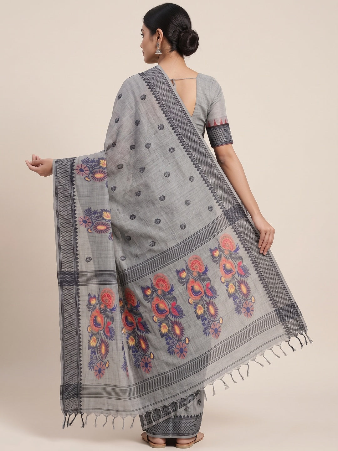 Peachmode Grey Jamdani Cotton Woven Saree - Image 5