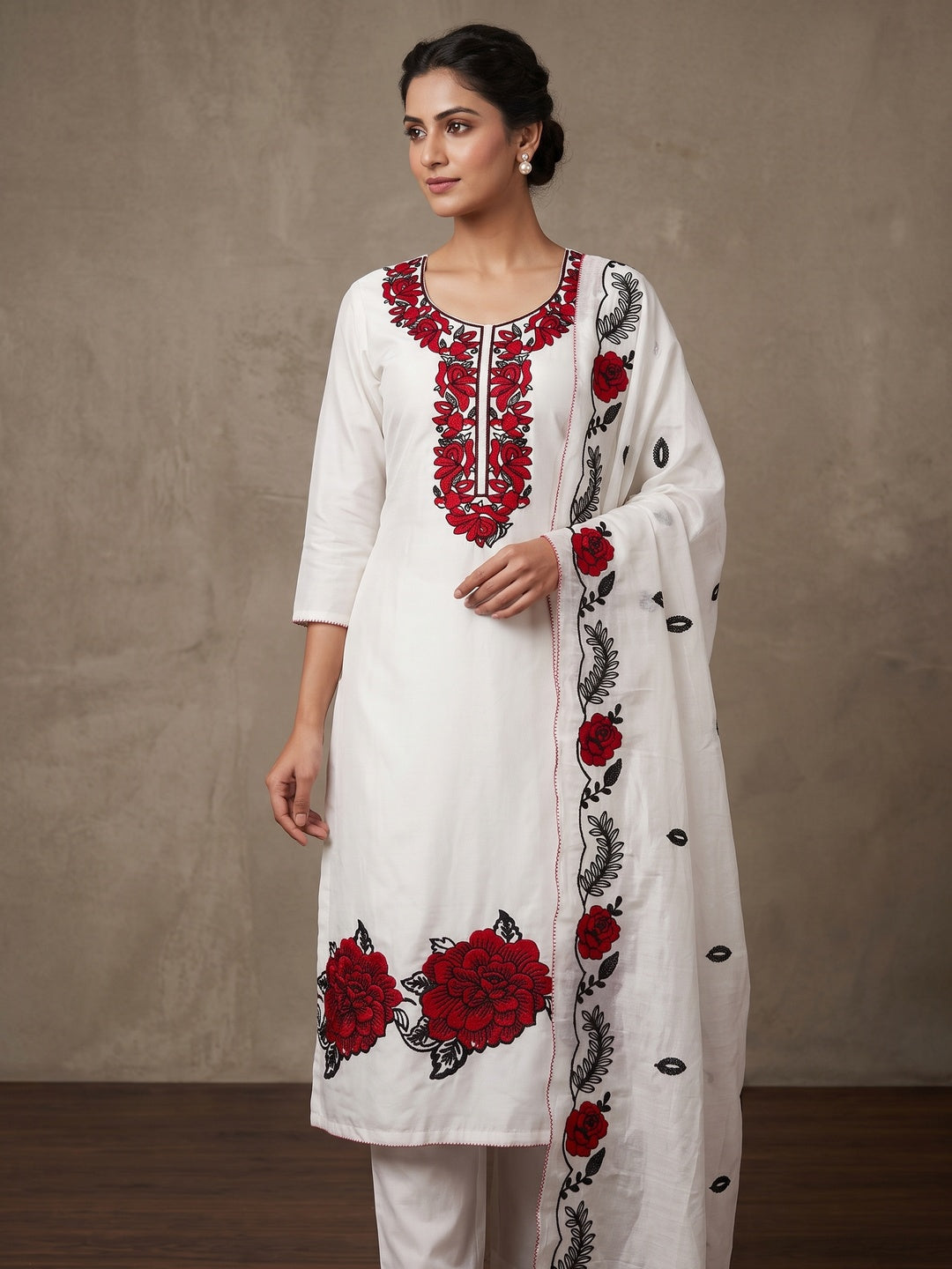 Peachmode White Red Floral Embroidered Roman Silk Dress Material - Image 2