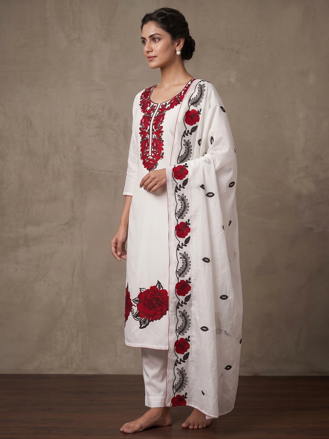 Peachmode White Red Floral Embroidered Roman Silk Dress Material - Image 5