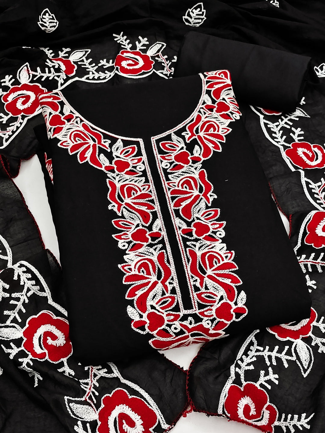 Peachmode Black Red Floral Embroidered Roman Silk Dress Material - Image 1