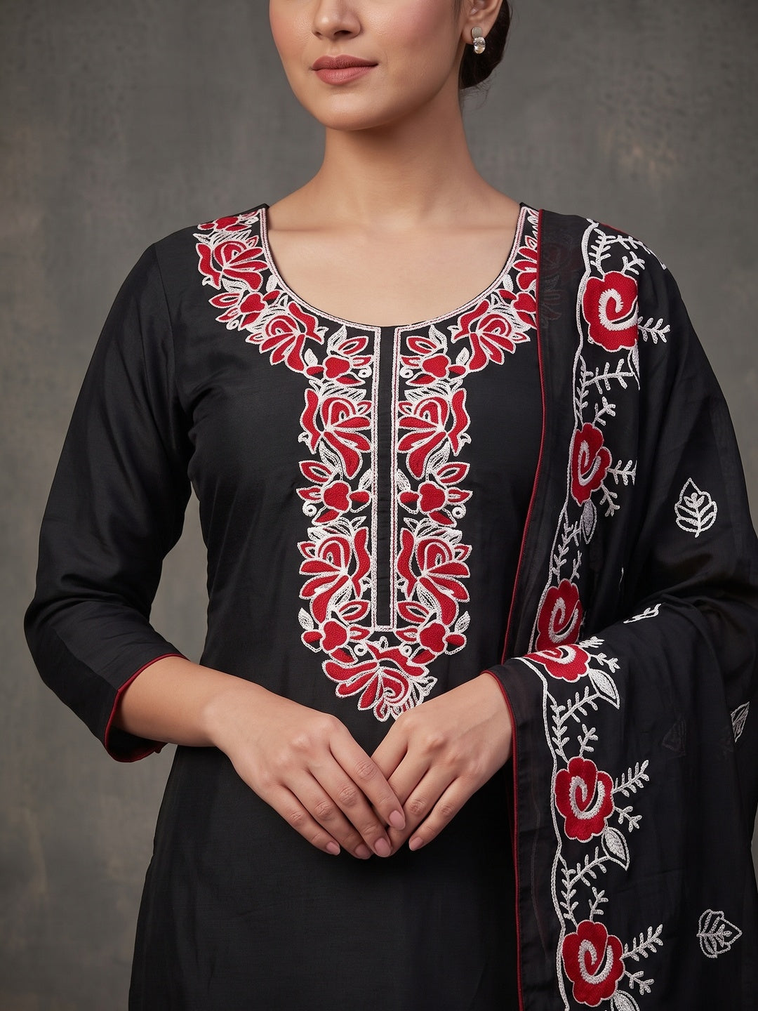 Peachmode Black Red Floral Embroidered Roman Silk Dress Material - Image 4