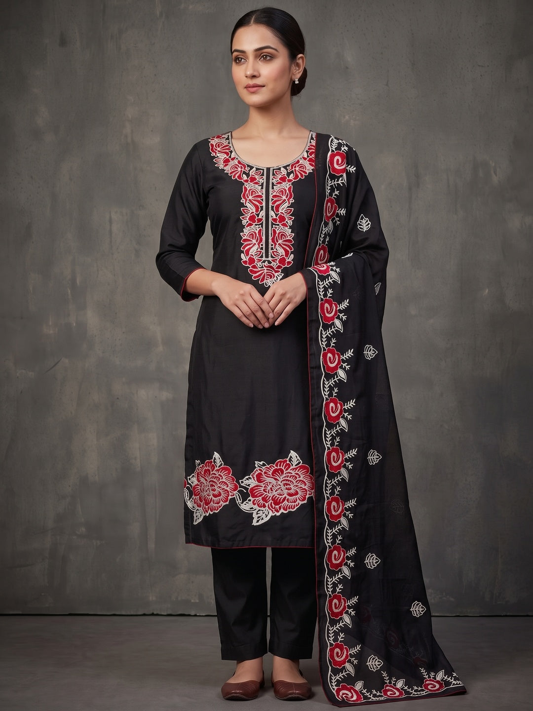 Peachmode Black Red Floral Embroidered Roman Silk Dress Material - Image 2