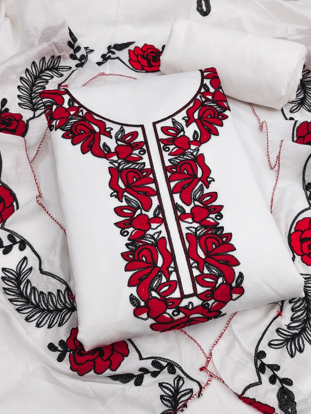 Peachmode White Red Floral Embroidered Roman Silk Dress Material - Image 1