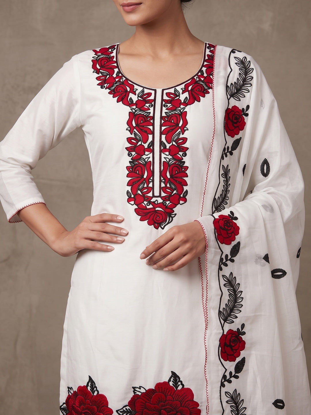 Peachmode White Red Floral Embroidered Roman Silk Dress Material - Image 4