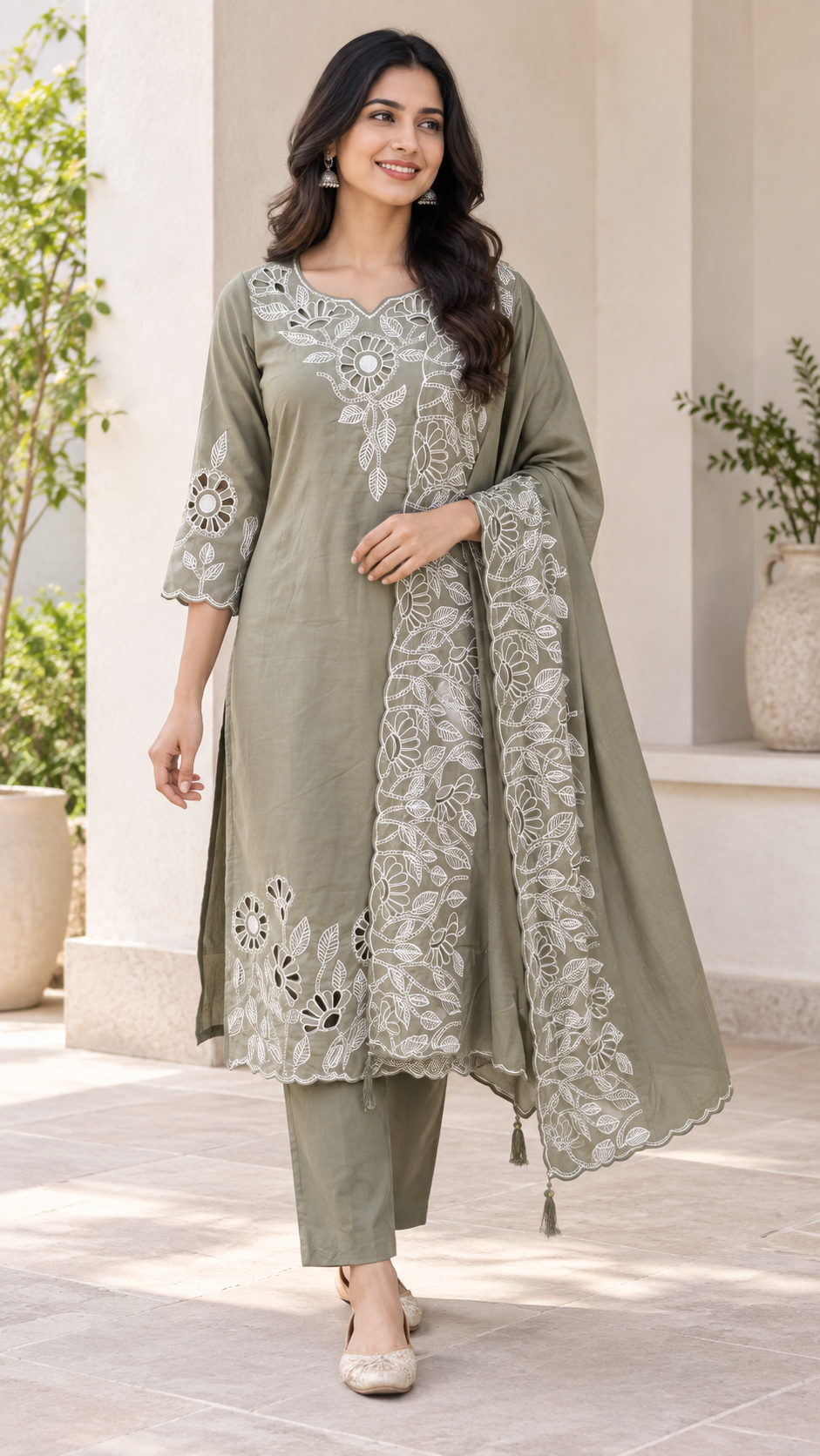 Peachmode Olive Poly Blend Floral Cutwork Embroidered Salwar Suit Set - Image 1