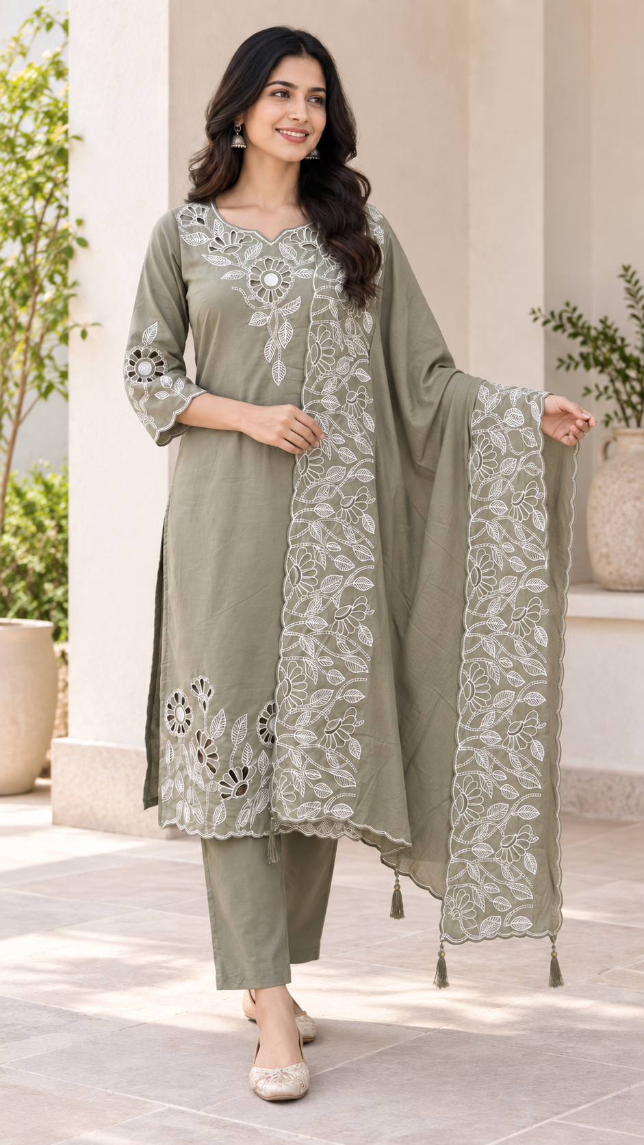 Peachmode Olive Poly Blend Floral Cutwork Embroidered Salwar Suit Set - Image 5
