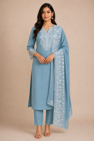 Peachmode Blue Poly Blend Floral Embroidered Salwar Suit Set - Image 2