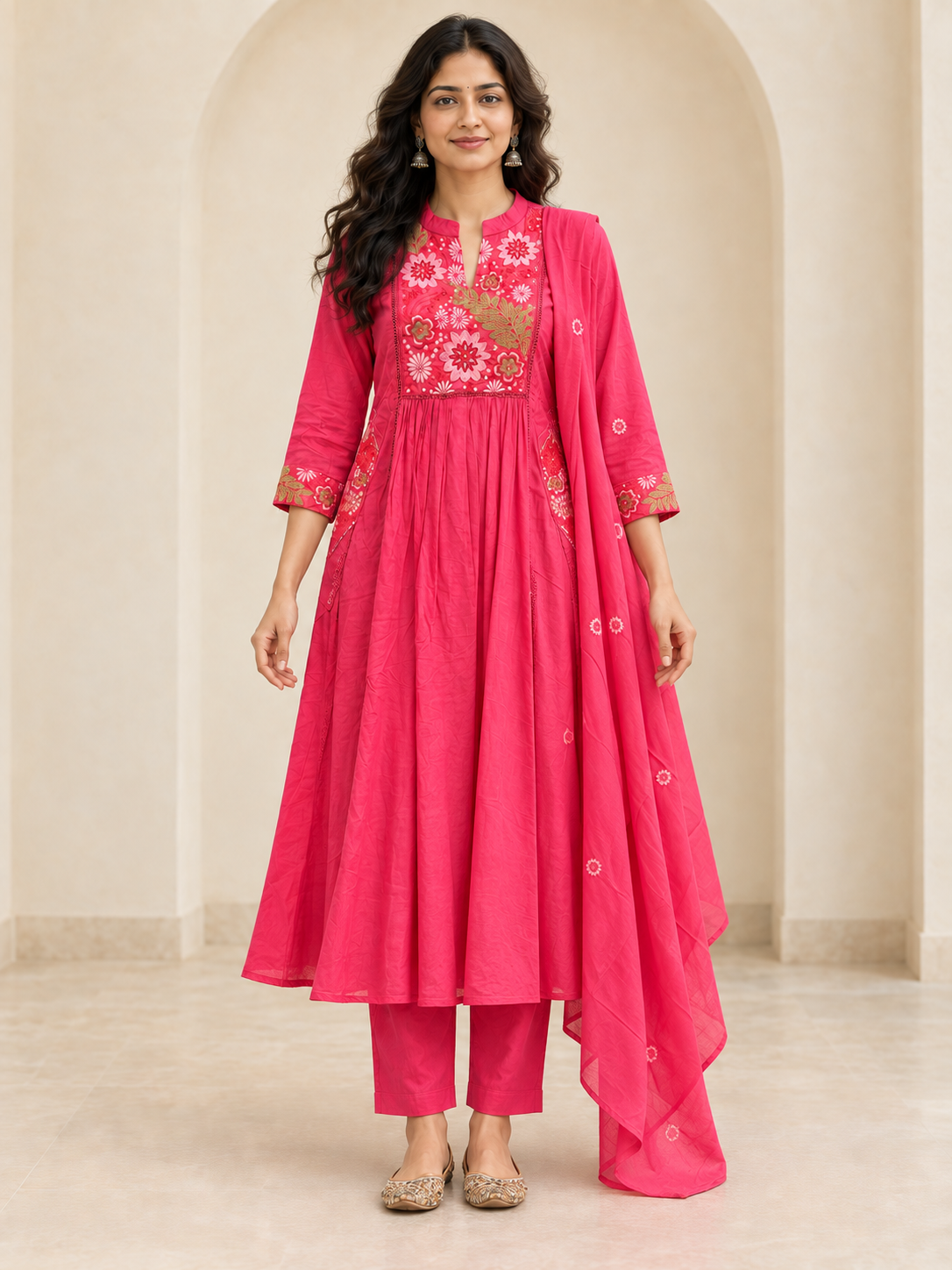 Peachmode Pink Mul Cotton Floral Embroidered Salwar Suit Set - Image 2
