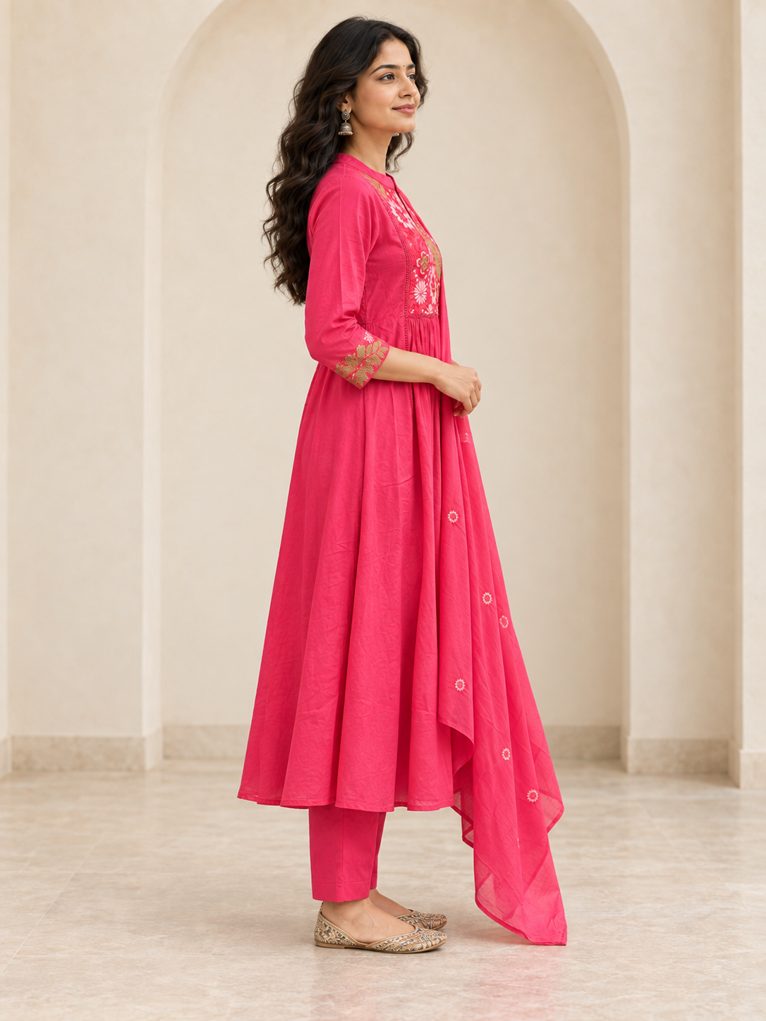 Peachmode Pink Mul Cotton Floral Embroidered Salwar Suit Set - Image 3