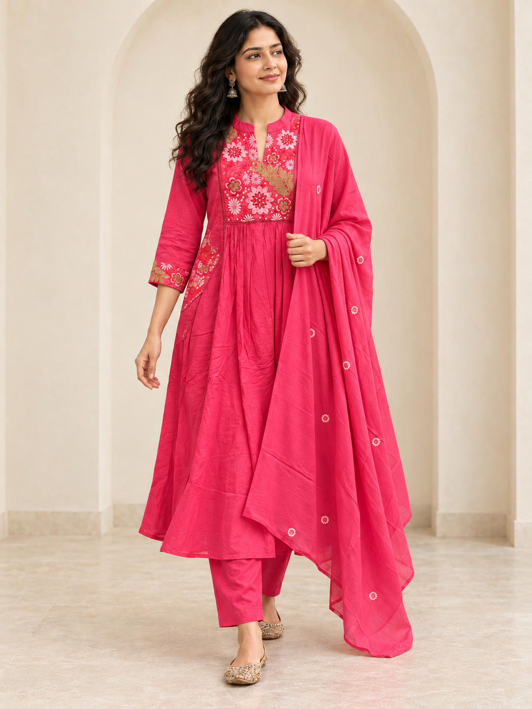 Peachmode Pink Mul Cotton Floral Embroidered Salwar Suit Set - Image 5