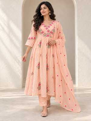 Peachmode Peach Mul Cotton Floral Embroidered Salwar Suit Set - Image 1