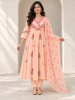 Peachmode Peach Mul Cotton Floral Embroidered Salwar Suit Set - Image 2