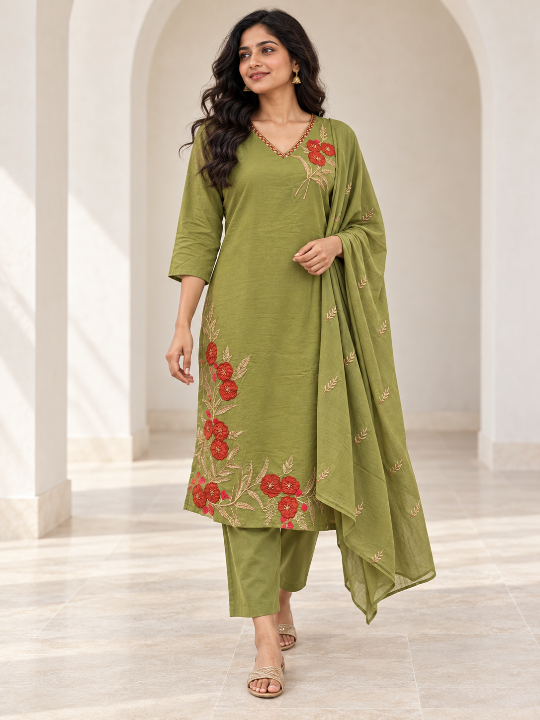 Peachmode Green Mul Cotton Floral Embroidered Salwar Suit Set - Image 1