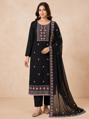 Peachmode Black Floral Embroidered Georgette Dress Material - Image 2