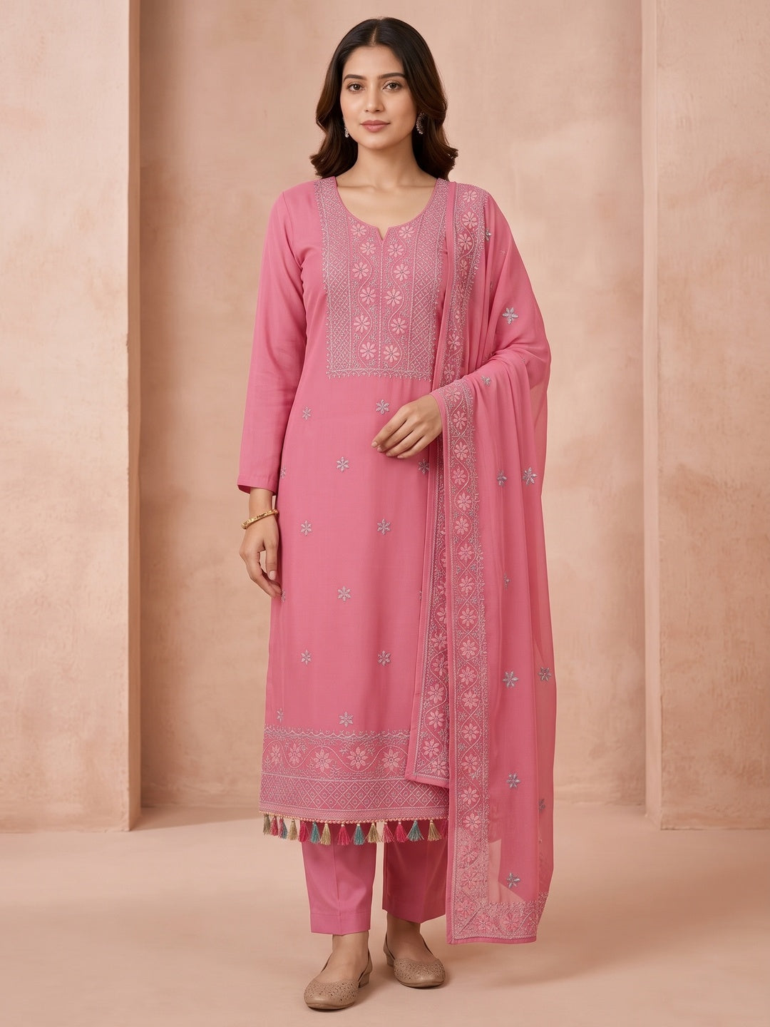 Peachmode Gajari Floral Embroidered Georgette Dress Material - Image 2