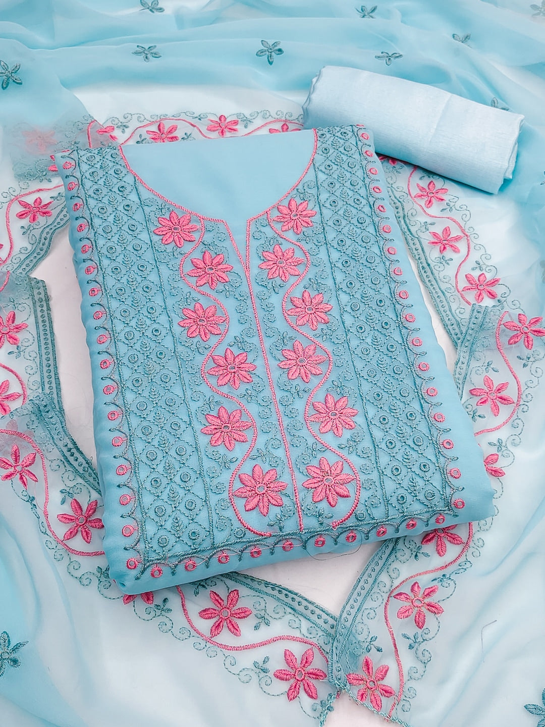 Peachmode Sky Blue Floral Embroidered Georgette Dress Material - Image 1