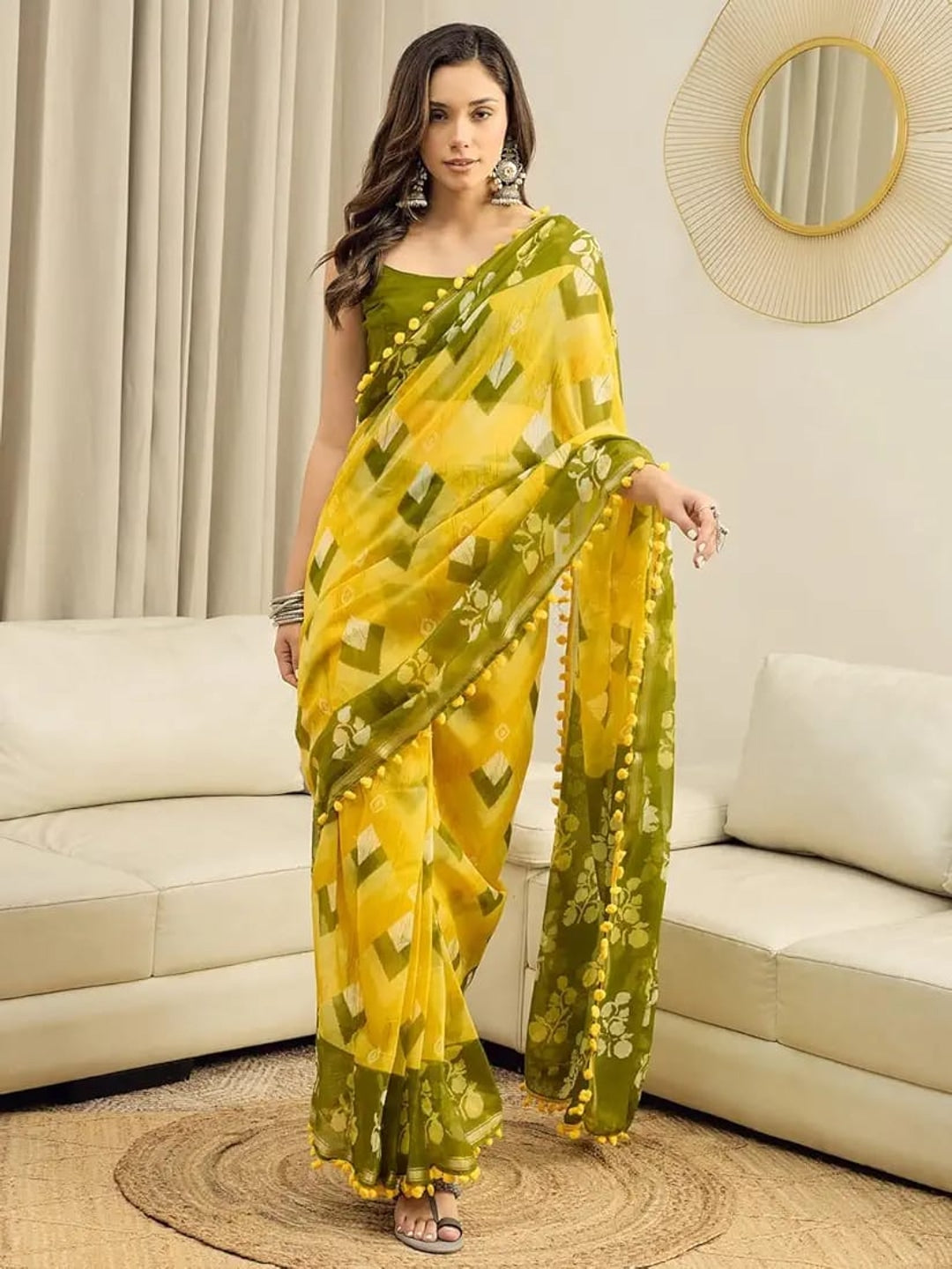 Peachmode Yellow Geometric Printed Linen Saree - Image 1
