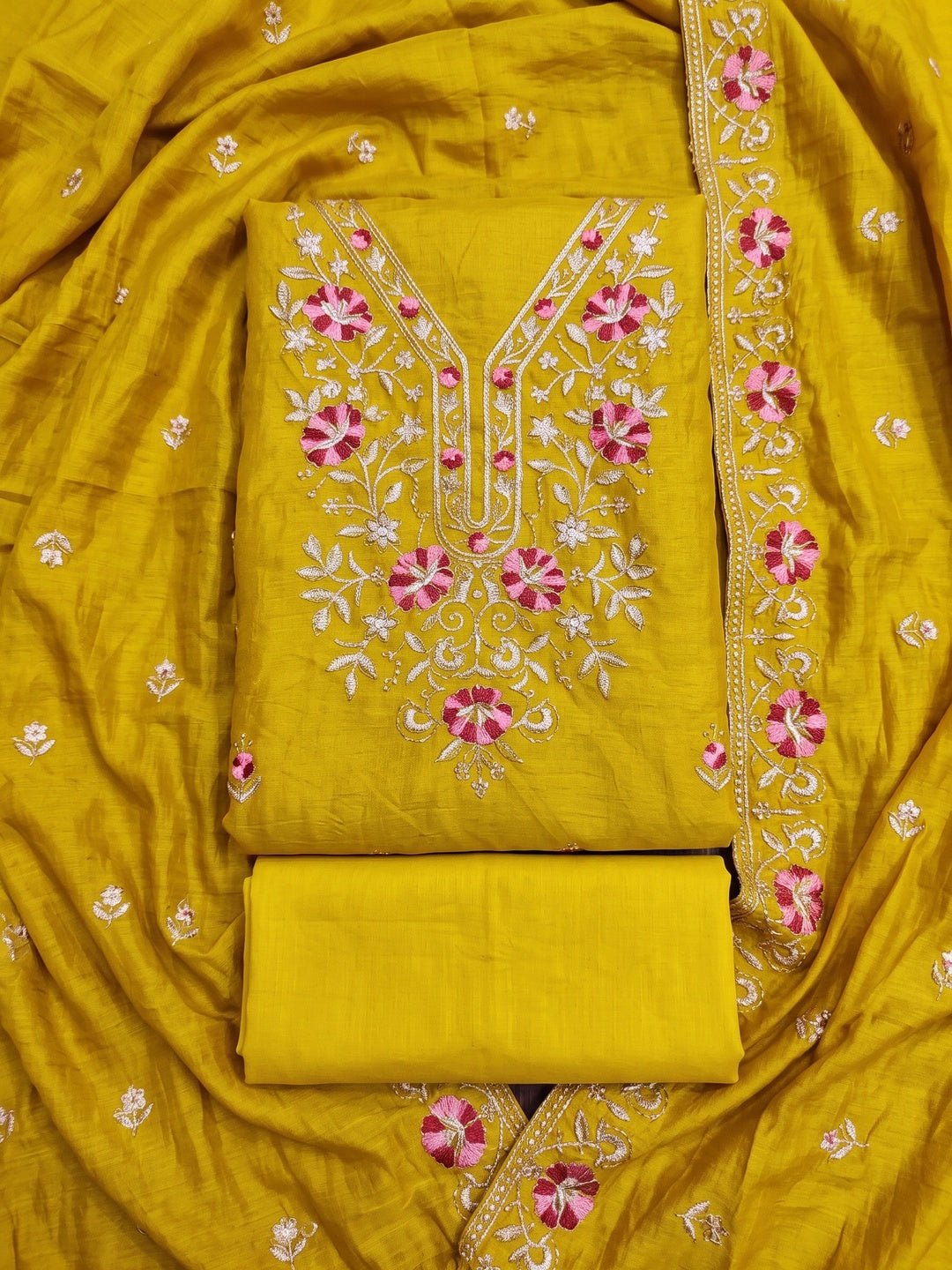 Peachmode Mustard Floral Embroidered Silk Blend Dress Material - Image 1