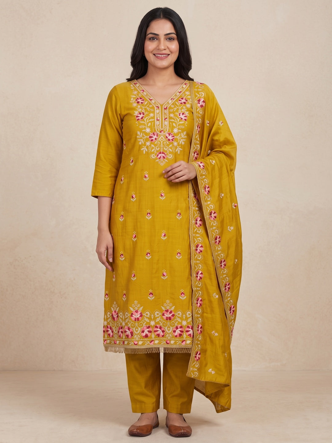 Peachmode Mustard Floral Embroidered Silk Blend Dress Material - Image 2