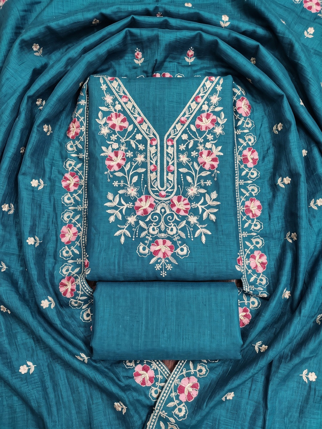 Peachmode Teal Floral Embroidered Silk Blend Dress Material - Image 1