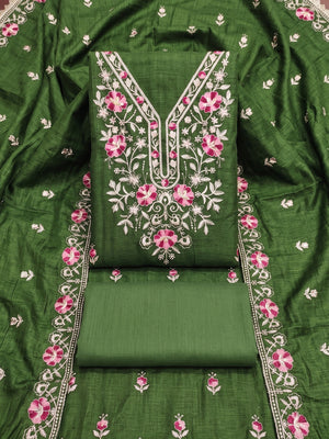 Peachmode Olive Floral Embroidered Silk Blend Dress Material - Image 1