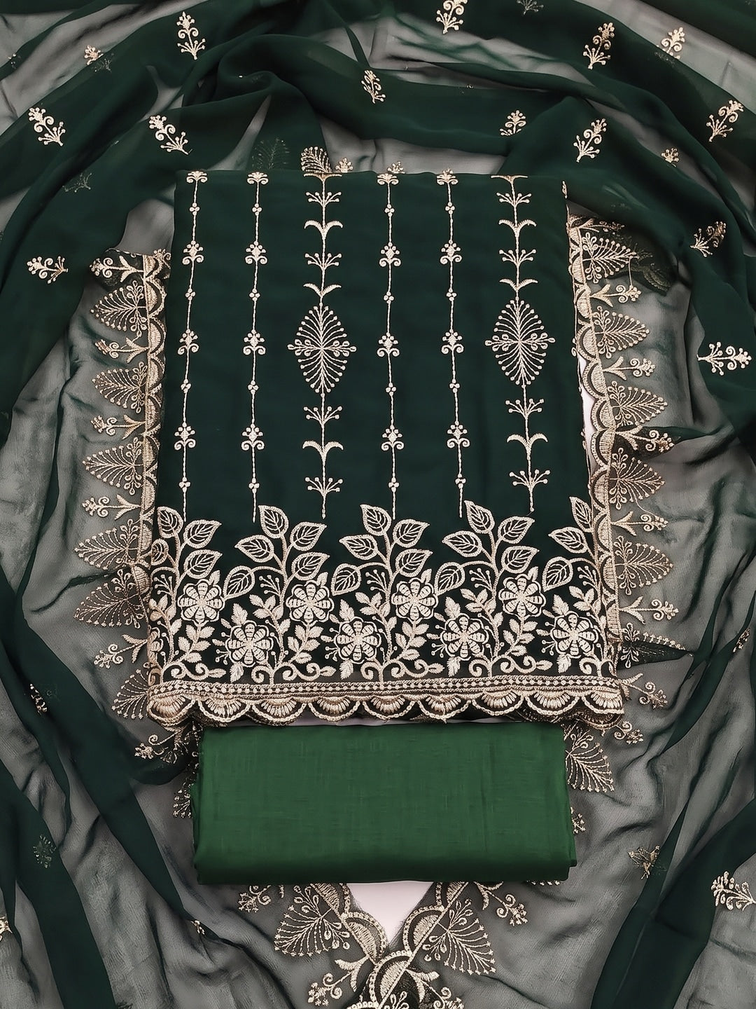 Peachmode Green Floral Zari Embroidered Georgette Dress Material - Image 1