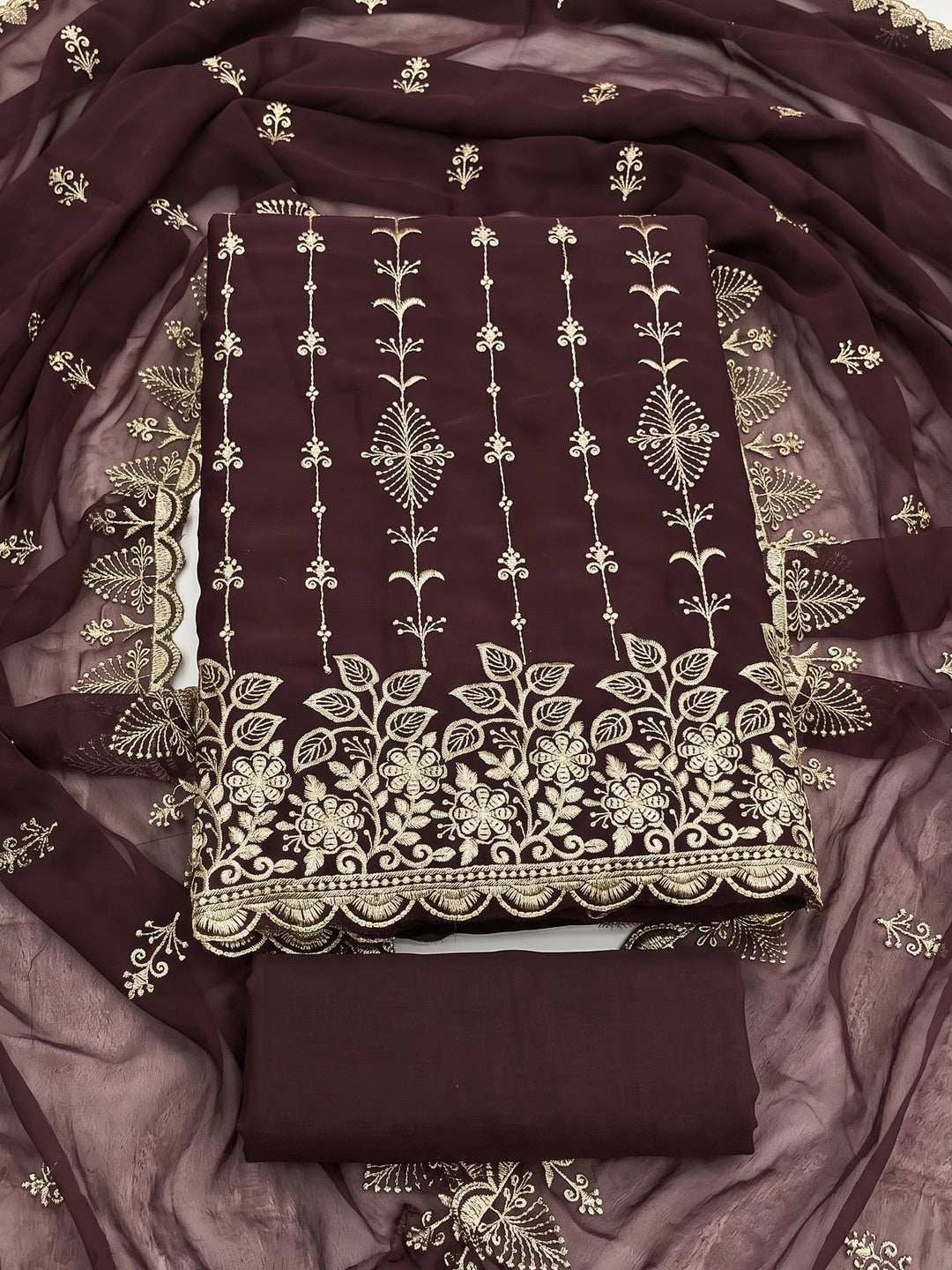 Peachmode Coffee Brown Floral Zari Embroidered Georgette Dress Material - Image 1