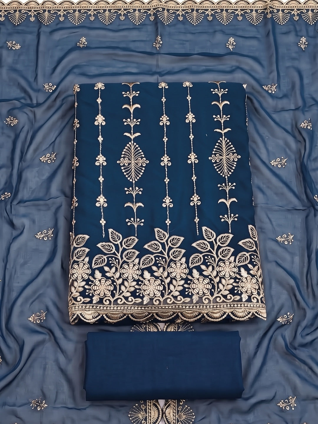 Peachmode Navy Blue Floral Zari Embroidered Georgette Dress Material - Image 1