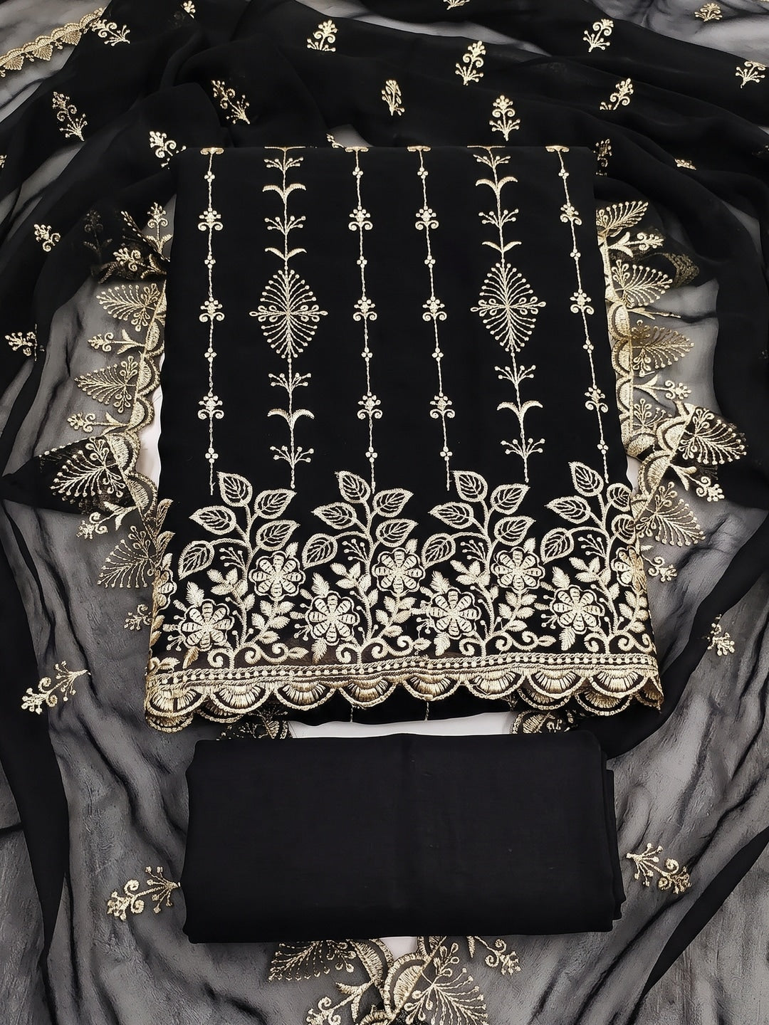 Peachmode Black Floral Zari Embroidered Georgette Dress Material - Image 1