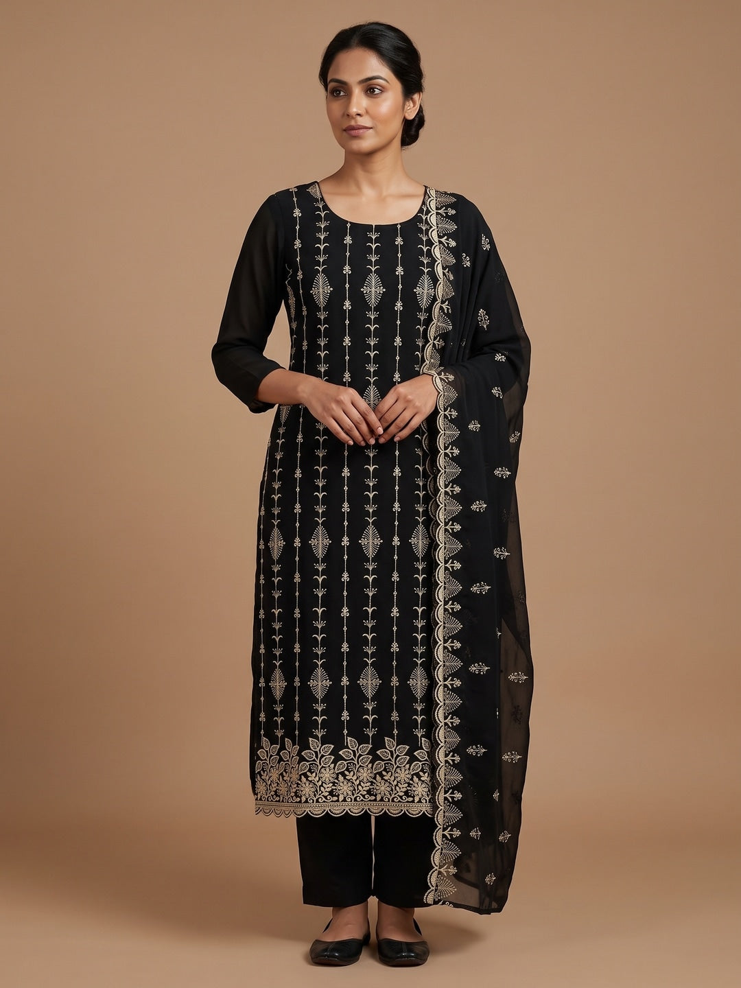 Peachmode Black Floral Zari Embroidered Georgette Dress Material - Image 2