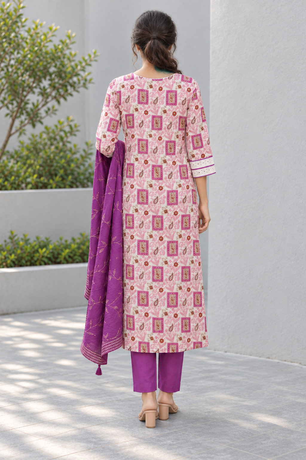 Peachmode Pink Pure Cotton Geometric Printed Salwar Suit Set - Image 4