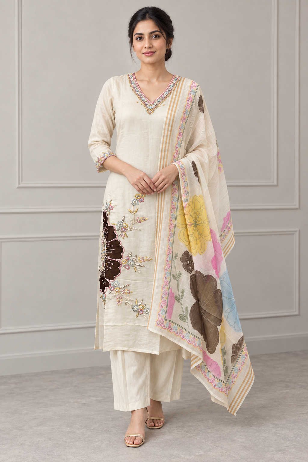Cream Chanderi Silk Floral Embroidered Salwar Suit - Image 1