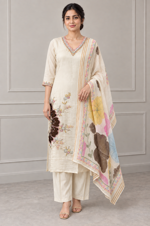 Cream Chanderi Silk Floral Embroidered Salwar Suit - Image 2