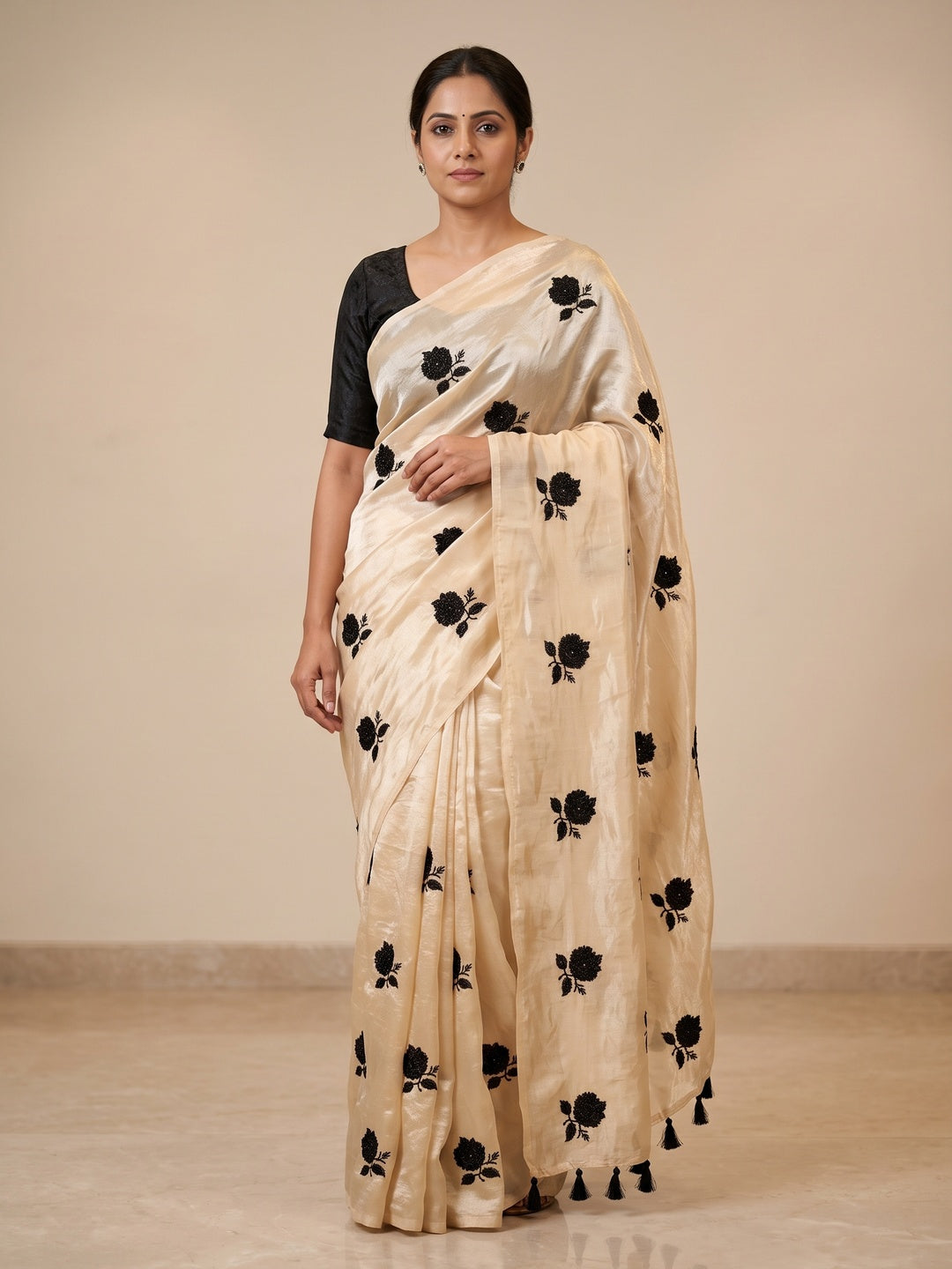 Peachmode Cream Satin Floral Embroidered Saree - Image 1