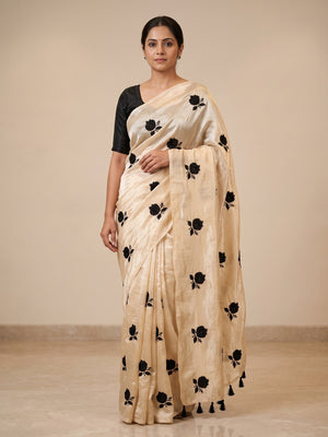 Peachmode Cream Satin Floral Embroidered Saree - Image 1