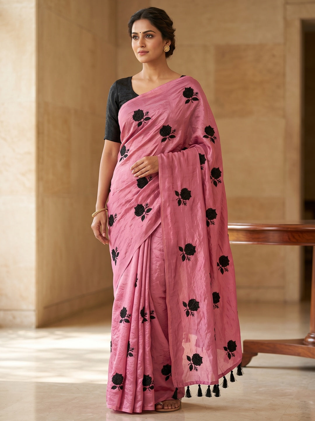 Peachmode Pink Satin Floral Embroidered Saree - Image 1