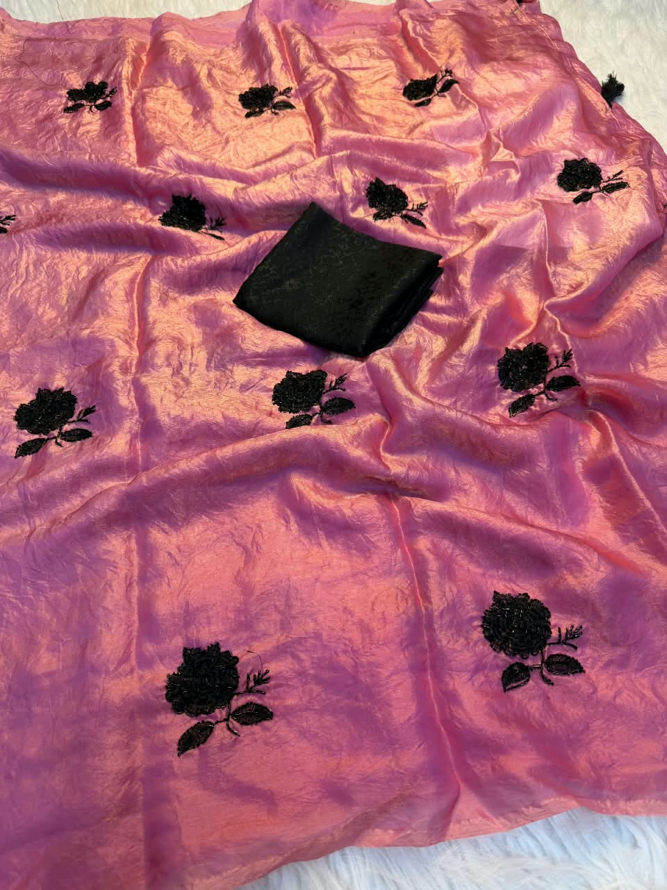 Peachmode Pink Satin Floral Embroidered Saree - Image 3