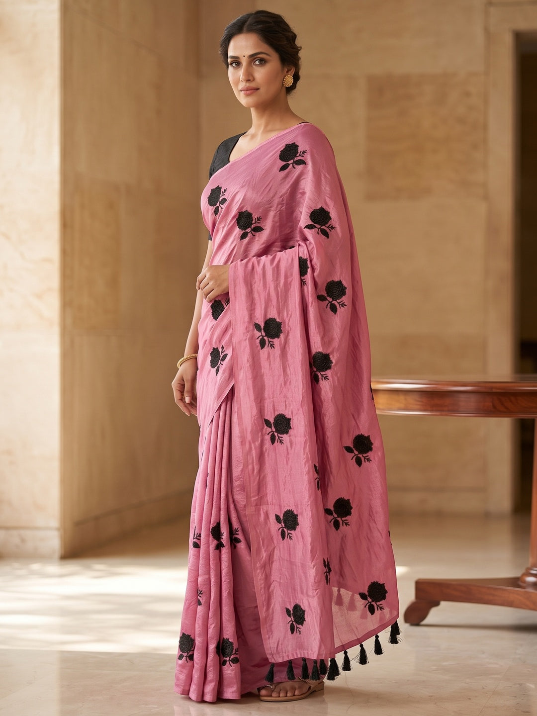 Peachmode Pink Satin Floral Embroidered Saree - Image 4