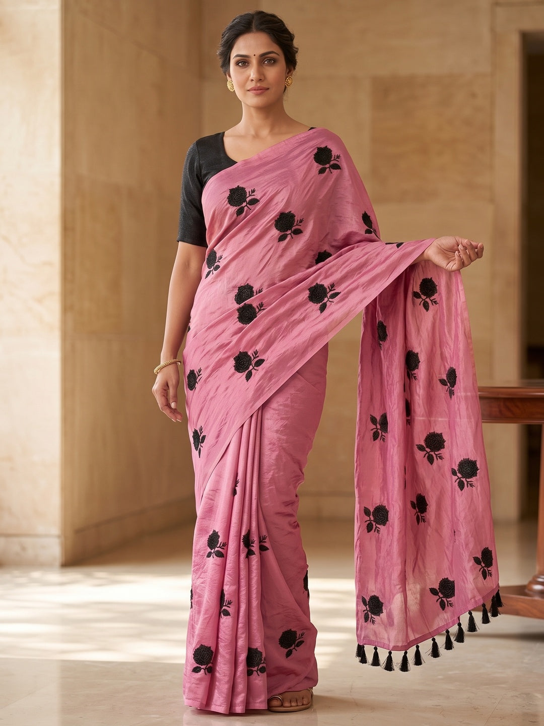 Peachmode Pink Satin Floral Embroidered Saree - Image 5