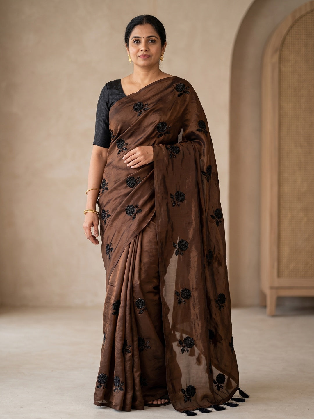 Peachmode Brown Satin Floral Embroidered Saree - Image 1