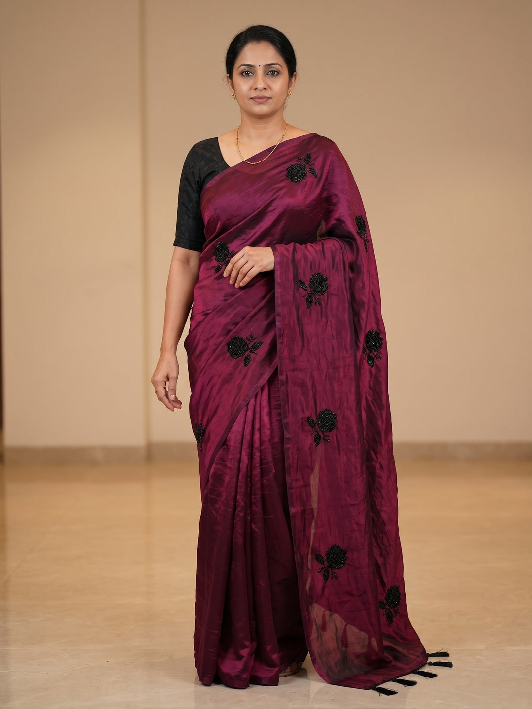 Peachmode Wine Satin Floral Embroidered Saree - Image 1