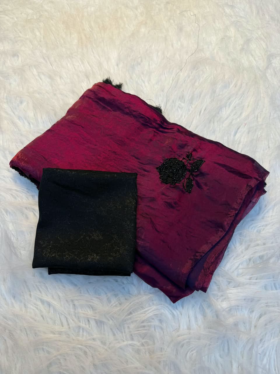 Peachmode Wine Satin Floral Embroidered Saree - Image 2