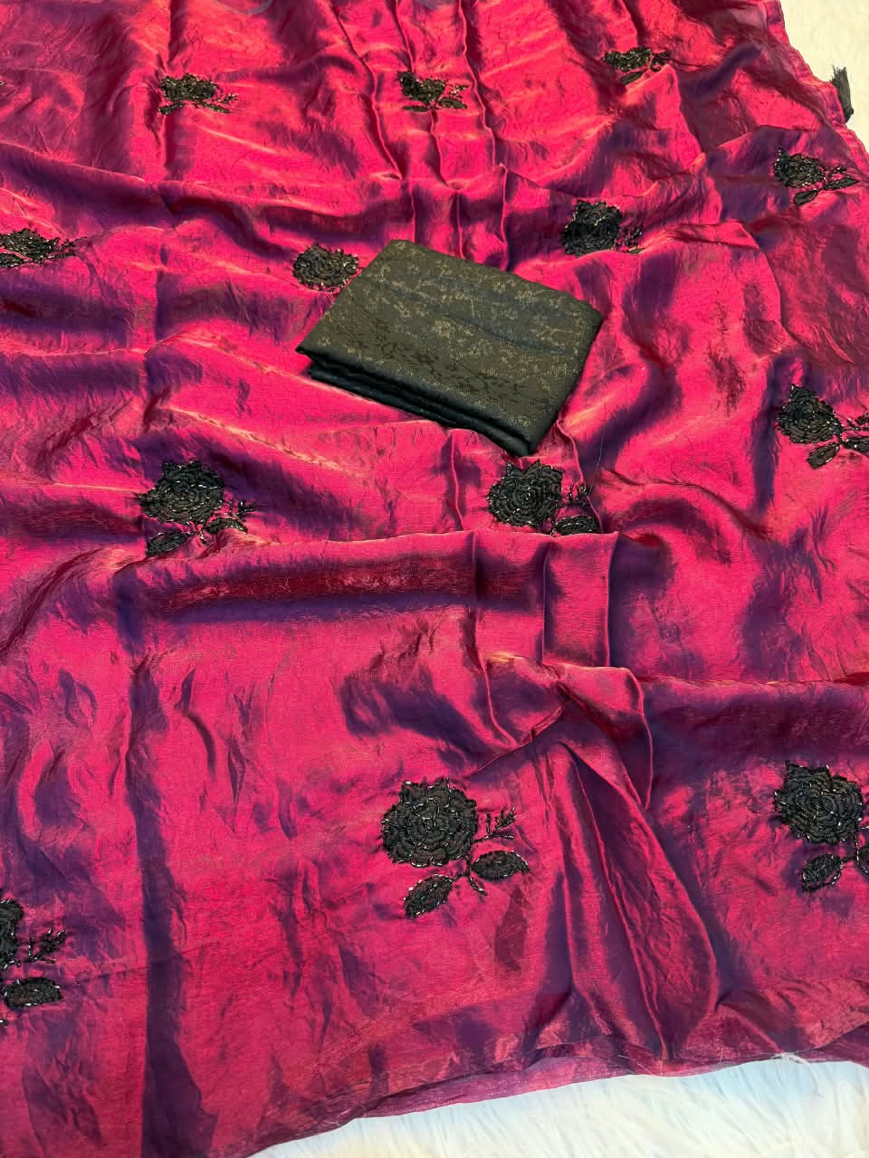 Peachmode Wine Satin Floral Embroidered Saree - Image 3