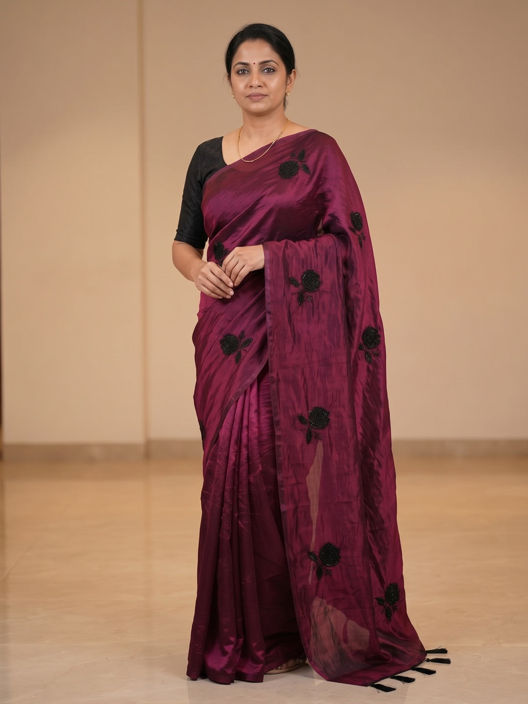 Peachmode Wine Satin Floral Embroidered Saree - Image 4