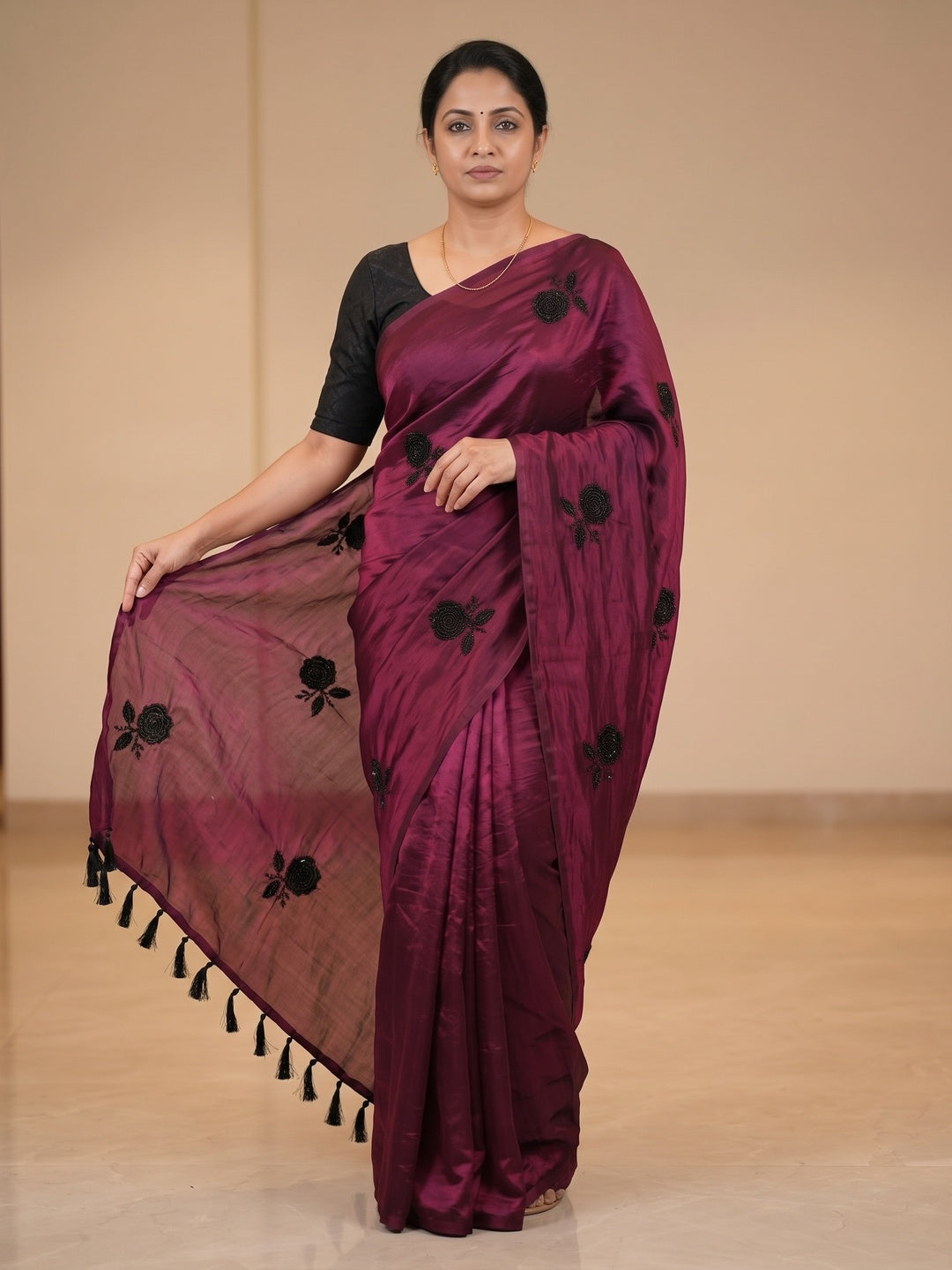 Peachmode Wine Satin Floral Embroidered Saree - Image 5